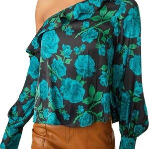 Free People These Nights Satin Blue Asymmetrical Ruffled Long Sleeve Blouse sz M